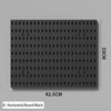 A black rectangular pegboard organizer with numerous holes for hanging items.