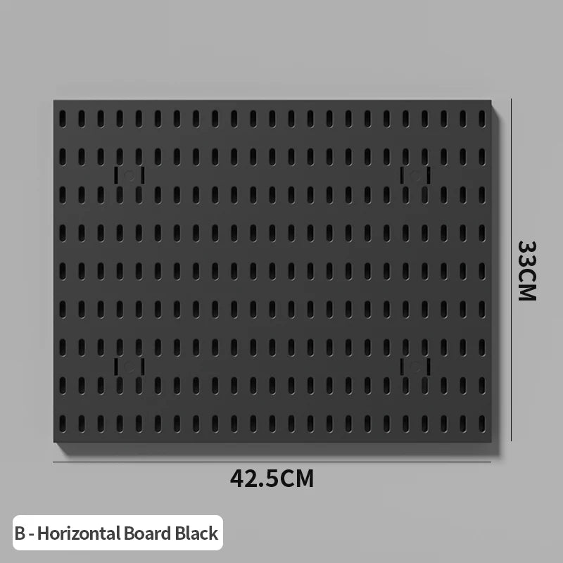 A black rectangular pegboard organizer with numerous holes for hanging items.