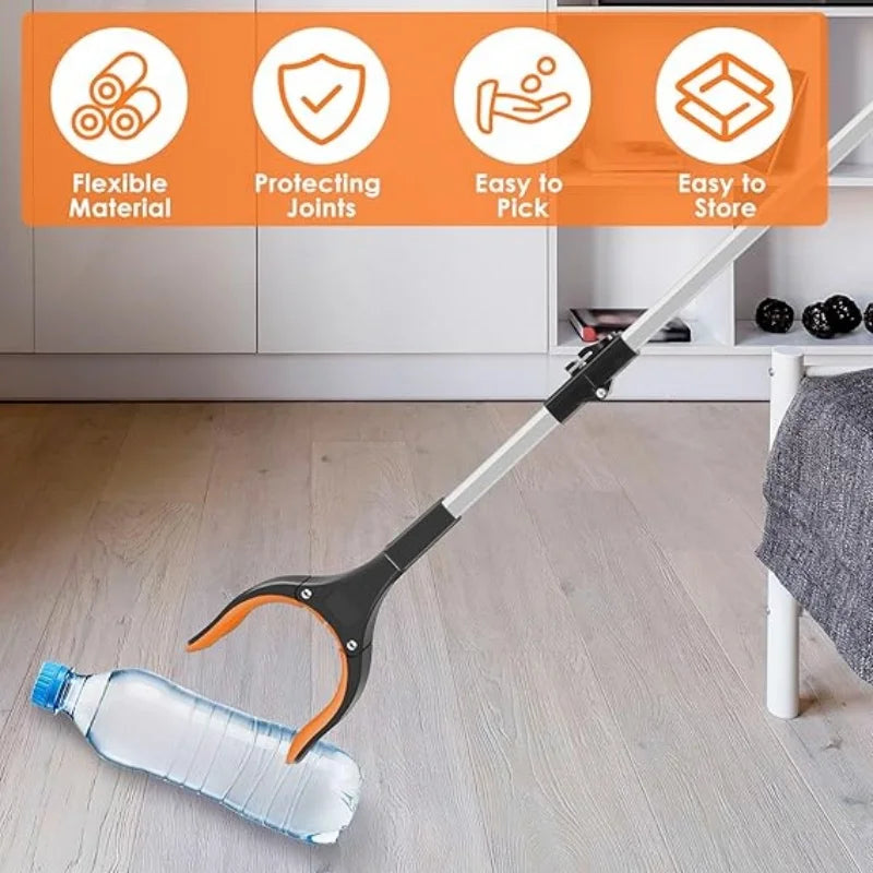 An extra-long foldable grabber tool with a rotating magnetic jaw is shown picking up a plastic bottle.