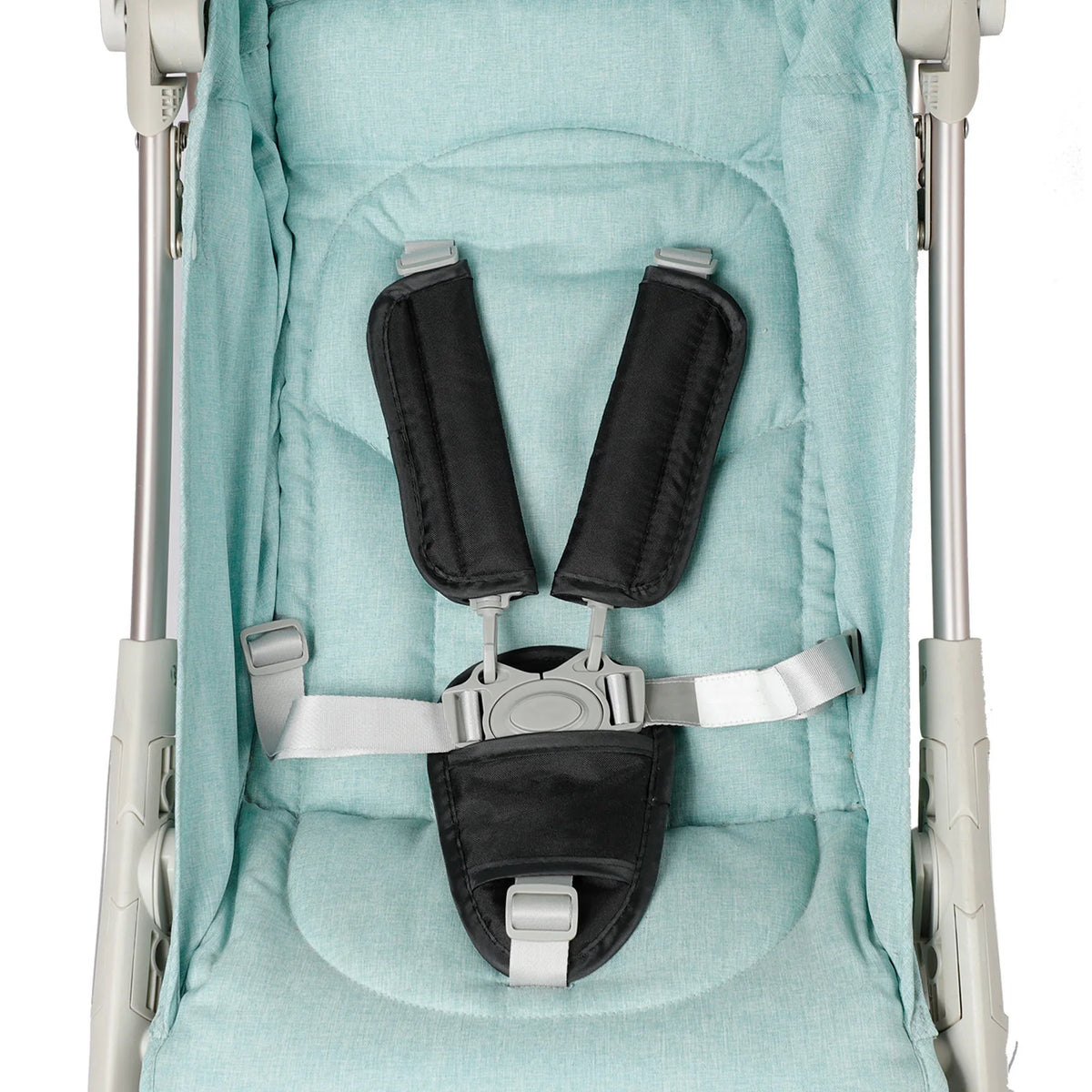Light blue fabric cushion covers for a baby stroller and car seat belt