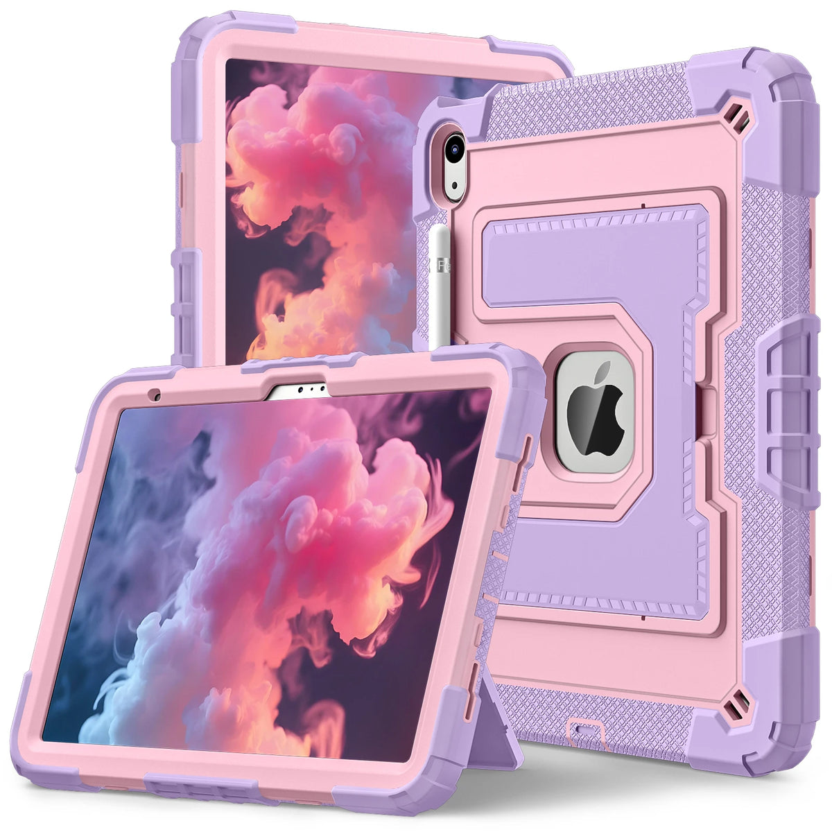 A pink and purple dual-color protective case for iPads is shown, with one tablet displaying a colorful cloud background.