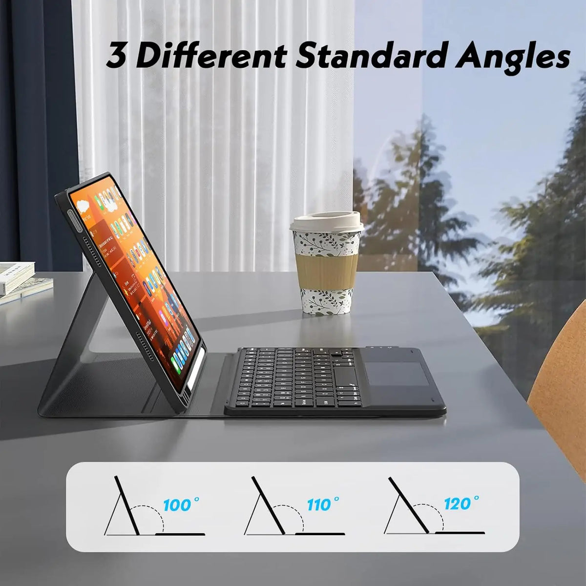 A black Samsung Galaxy Tab S11 Ultra is shown in three different standard angles, demonstrating 100, 110, and 120-degree view