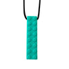 A teal silicone sensory chew necklace pendant with a black cord.