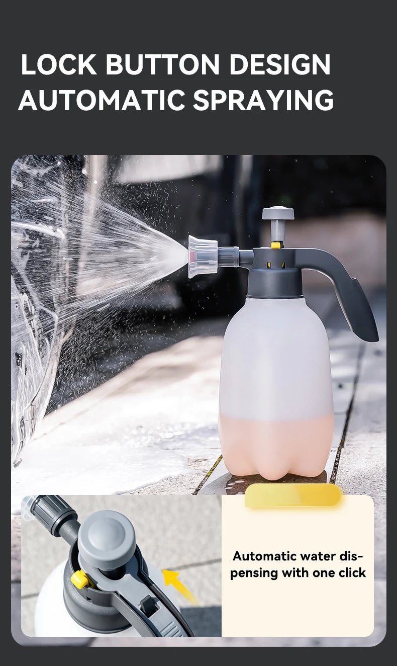 A hand pump foam sprayer is shown dispensing water automatically with one click.