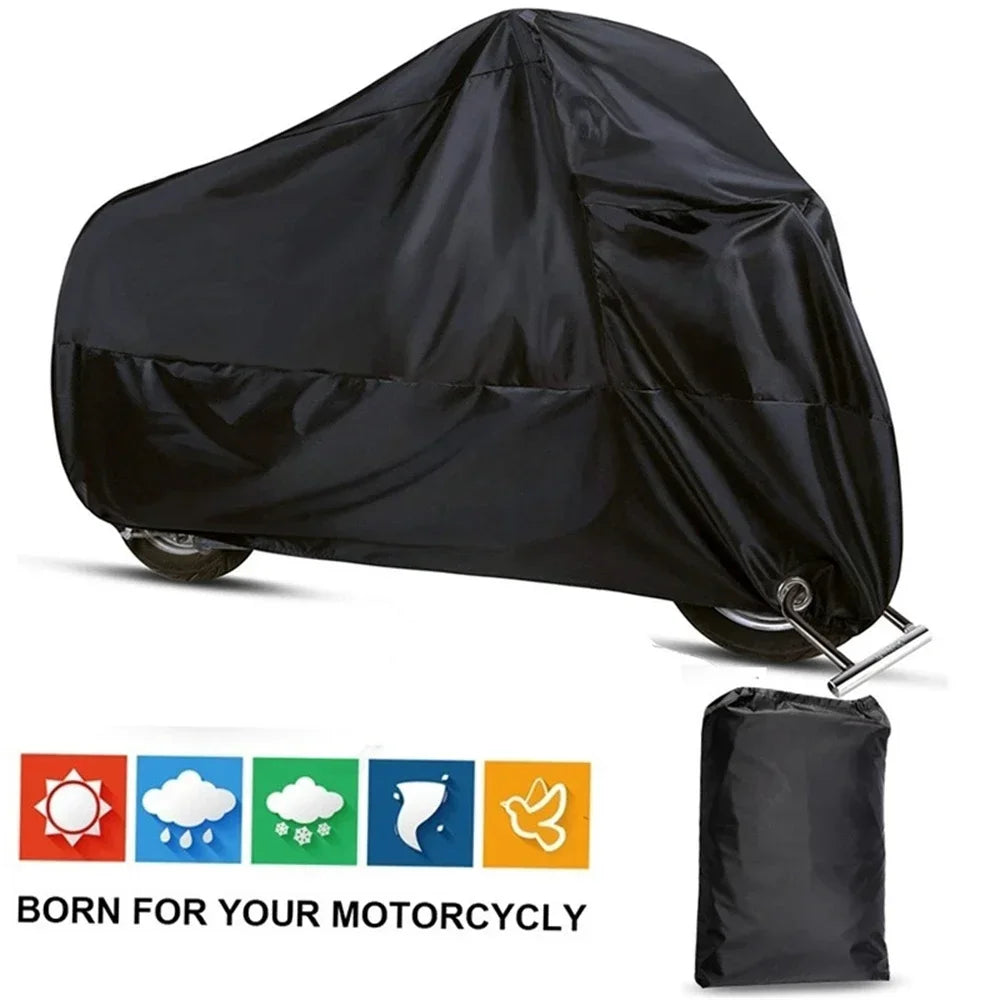 Black all-weather motorcycle cover with anti-theft locks shown from the side.