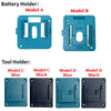 A set of four tool holders, including battery holders (Model A and B) and tool holders (Model C and D), in blue and black.