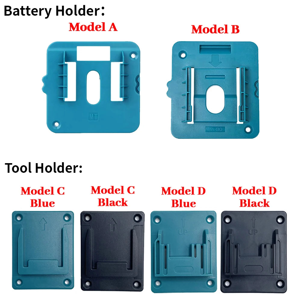 A set of four tool holders, including battery holders (Model A and B) and tool holders (Model C and D), in blue and black.