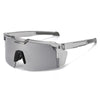 Silver polarized sports sunglasses with a black nose bridge and flexible arms