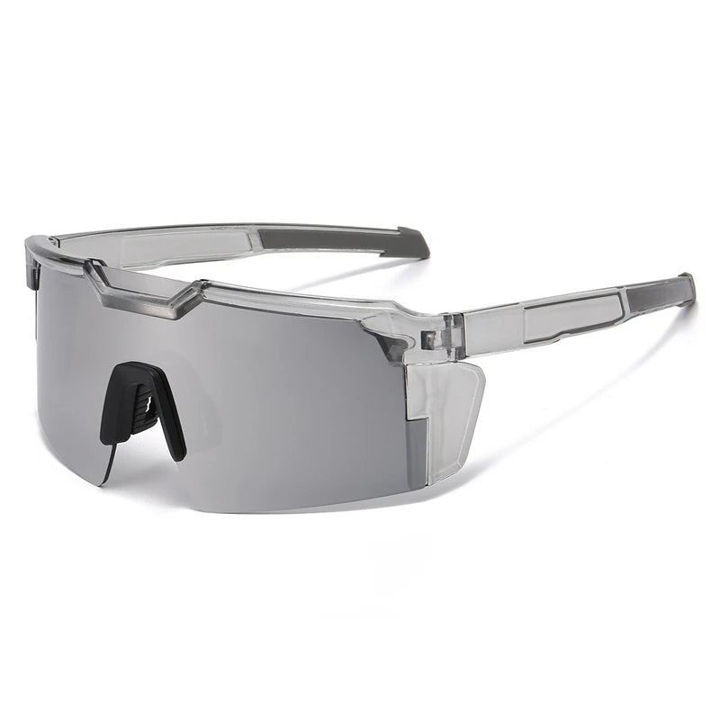 Silver polarized sports sunglasses with a black nose bridge and flexible arms