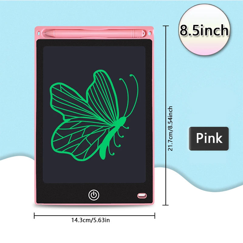 A pink 8.5-inch LCD drawing tablet featuring a green butterfly design on the screen.