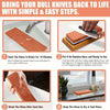 A four-step process for sharpening dull knives using a stone, bamboo base, and cleaning instructions.