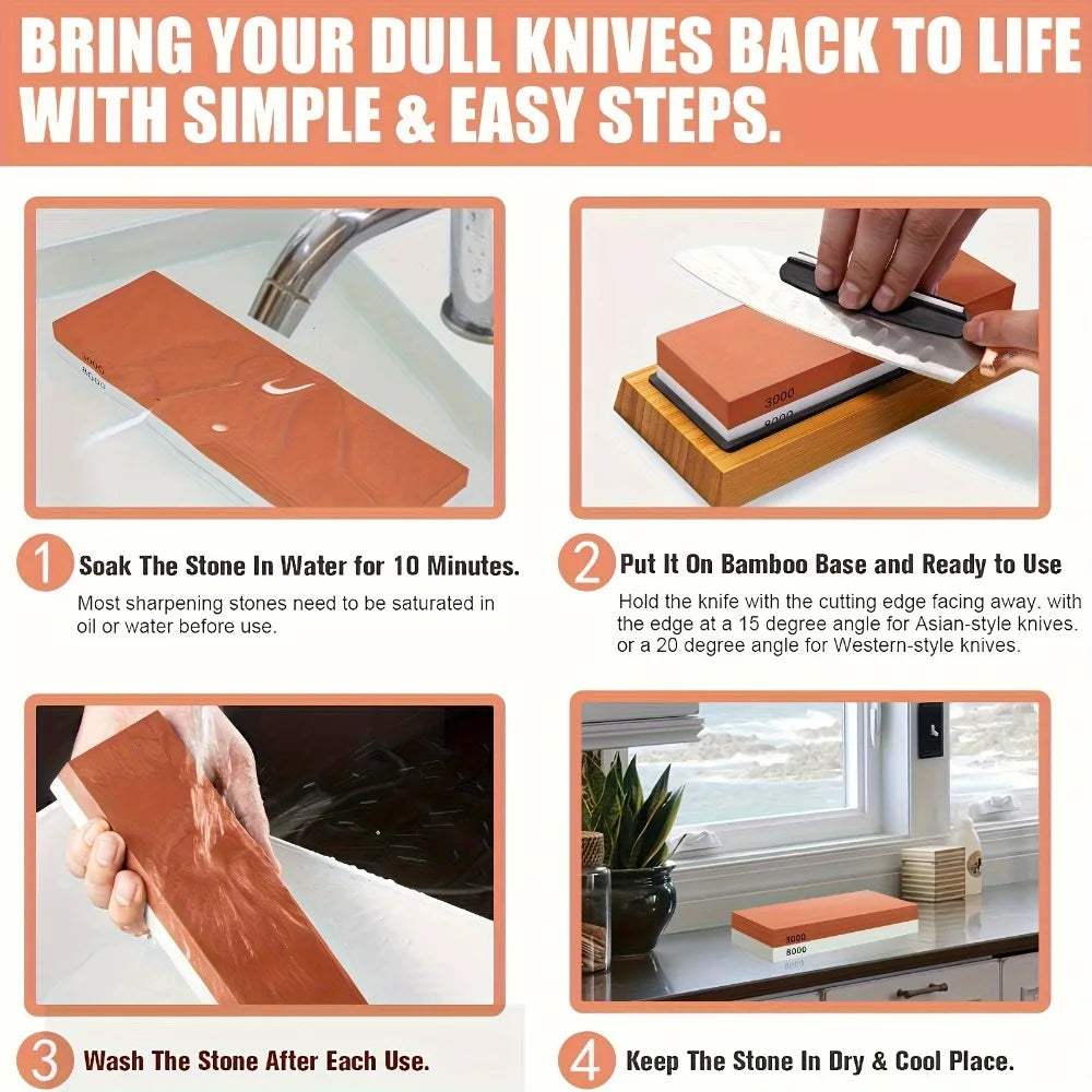 A four-step process for sharpening dull knives using a stone, bamboo base, and cleaning instructions.