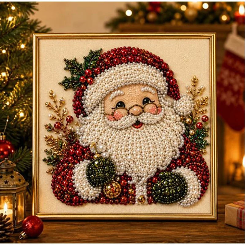 Gerahmte Diamantmalerei mit lächelndem Weihnachtsmann mit weißem Perlenbart und festlichen rot-grünen Dekorationen