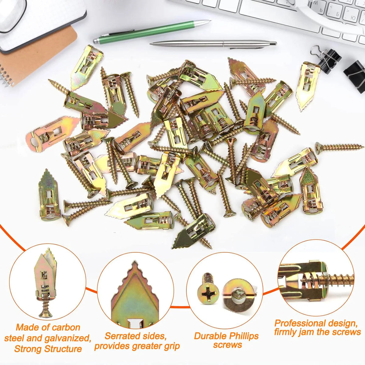 A set of brass self-drilling drywall anchors and screws with serrated sides for a strong grip.