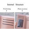 Close-up view of a pink PU leather wallet showing internal structure and photo positioning features.