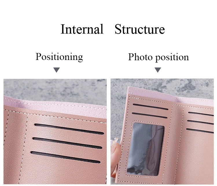 Close-up view of a pink PU leather wallet showing internal structure and photo positioning features.
