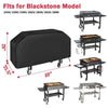 Black waterproof universal grill cover fits various Blackstone models and is shown with different sized grills.