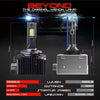 A set of LED car headlight bulbs and a housing unit are displayed with technical specifications.