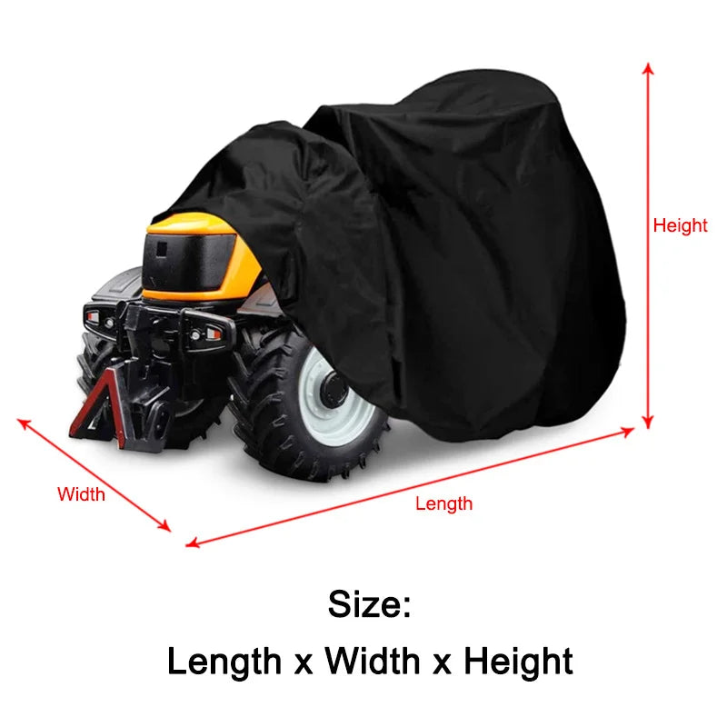 Black heavy duty ATV quad bike storage cover shown with dimension lines indicating length, width, and height.