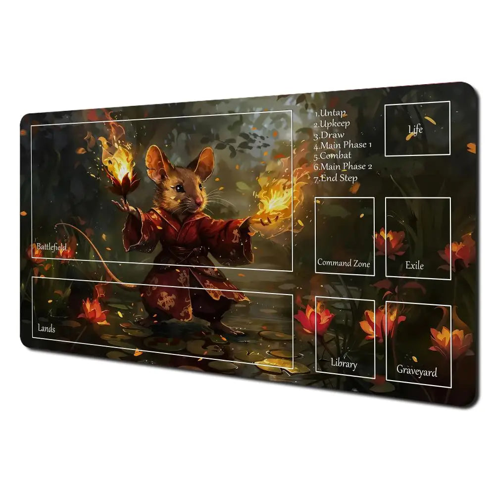 Fantasy card playmat featuring an illustration of a rabbit archer and raccoon in a dark, magical setting.