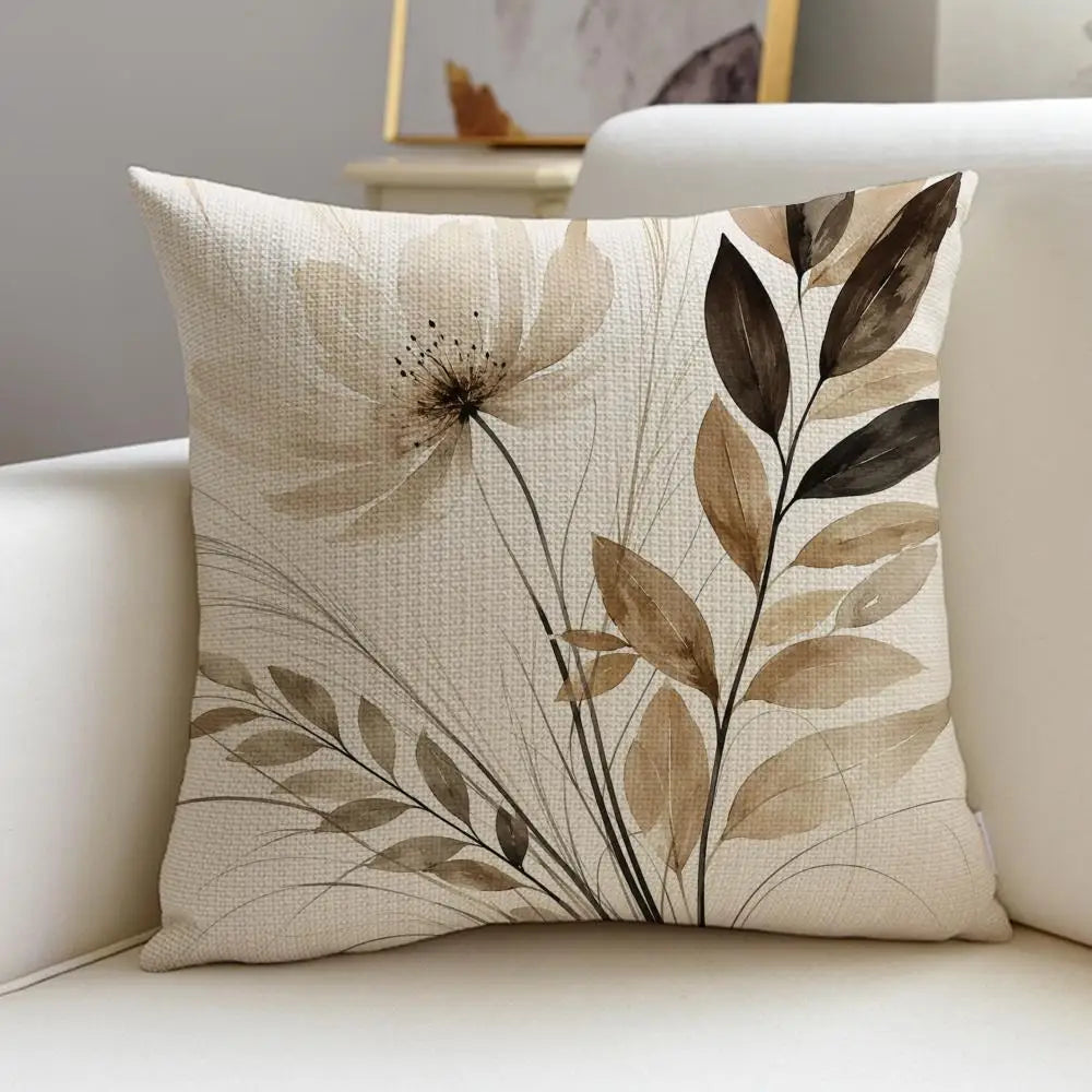 Beige Minimal Blooms Linen Throw Pillow Covers