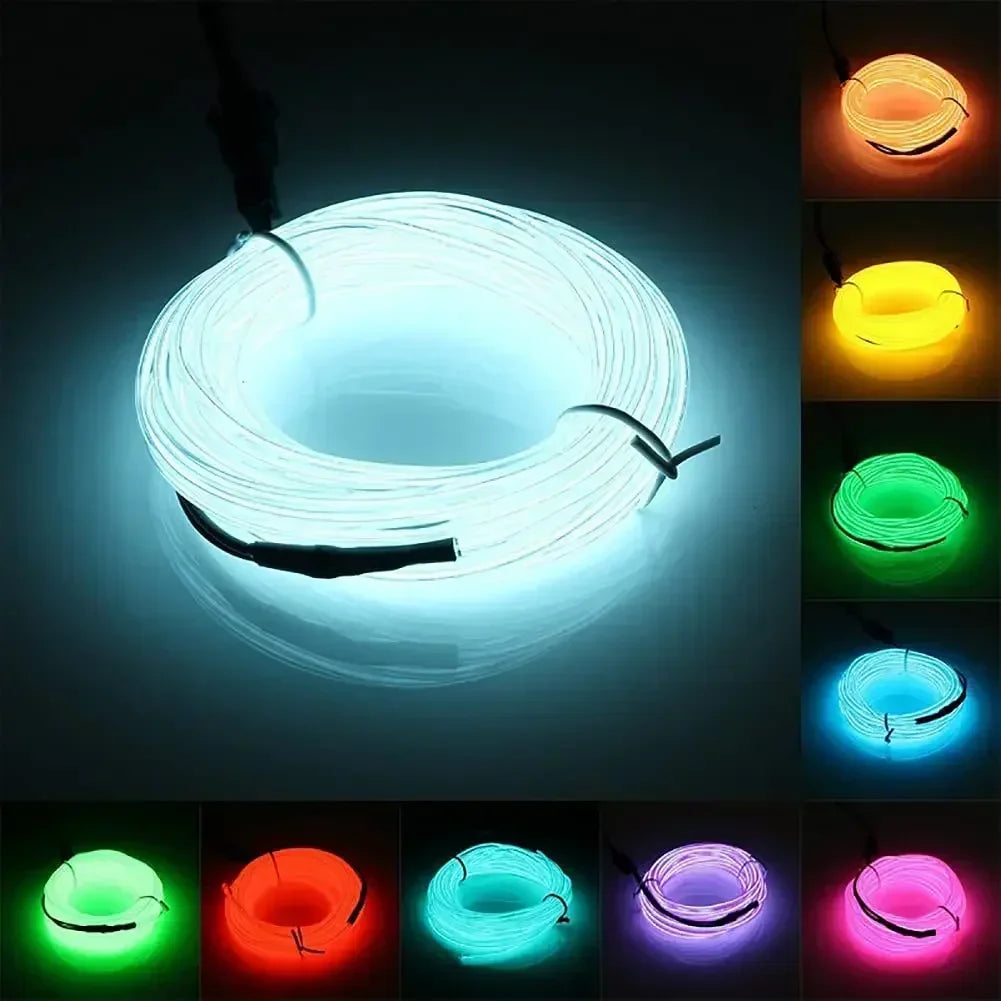 Flexible USB-powered neon accent light strip shown in various colors and lighting effects.