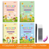 Set of 4 Magic Groove practice copybooks for preschool children featuring letters and numbers with a pen case and holder
