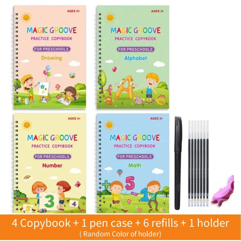 Set of 4 Magic Groove practice copybooks for preschool children featuring letters and numbers with a pen case and holder