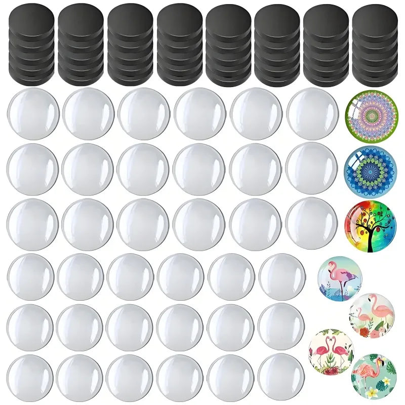 A collection of clear glass cabochons and magnets for a dome making kit.