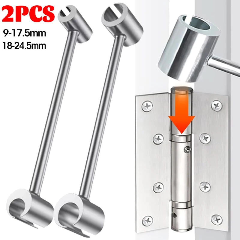 Two metal door hinge adjustment wrenches, one 9-17.5mm and one 18-24.5mm, shown next to a door hinge.