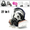 A set of 27 in 1 full face respirator masks and accessories including filters and cleaning tools.