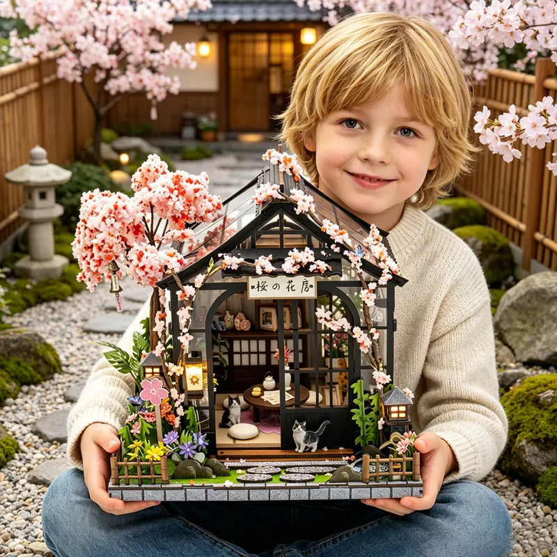 A young boy holds a detailed miniature Japanese sakura tea house kit featuring pink blossoms and wooden elements.
