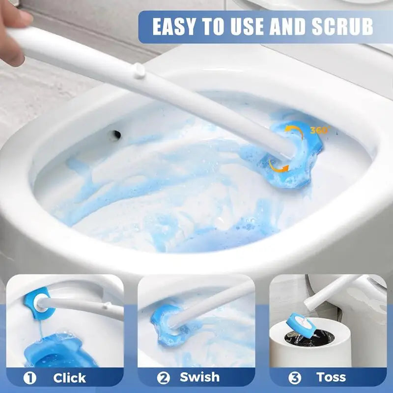 A disposable toilet cleaning pad is being used to scrub the inside of a toilet bowl.