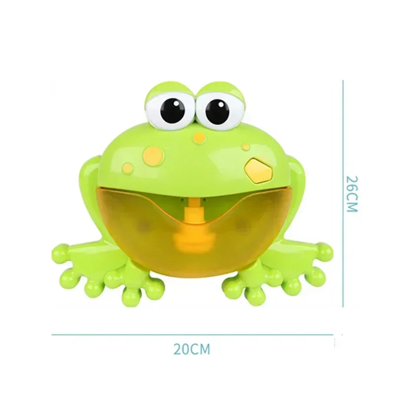 A bright green frog-shaped bath toy with large eyes and yellow accents.