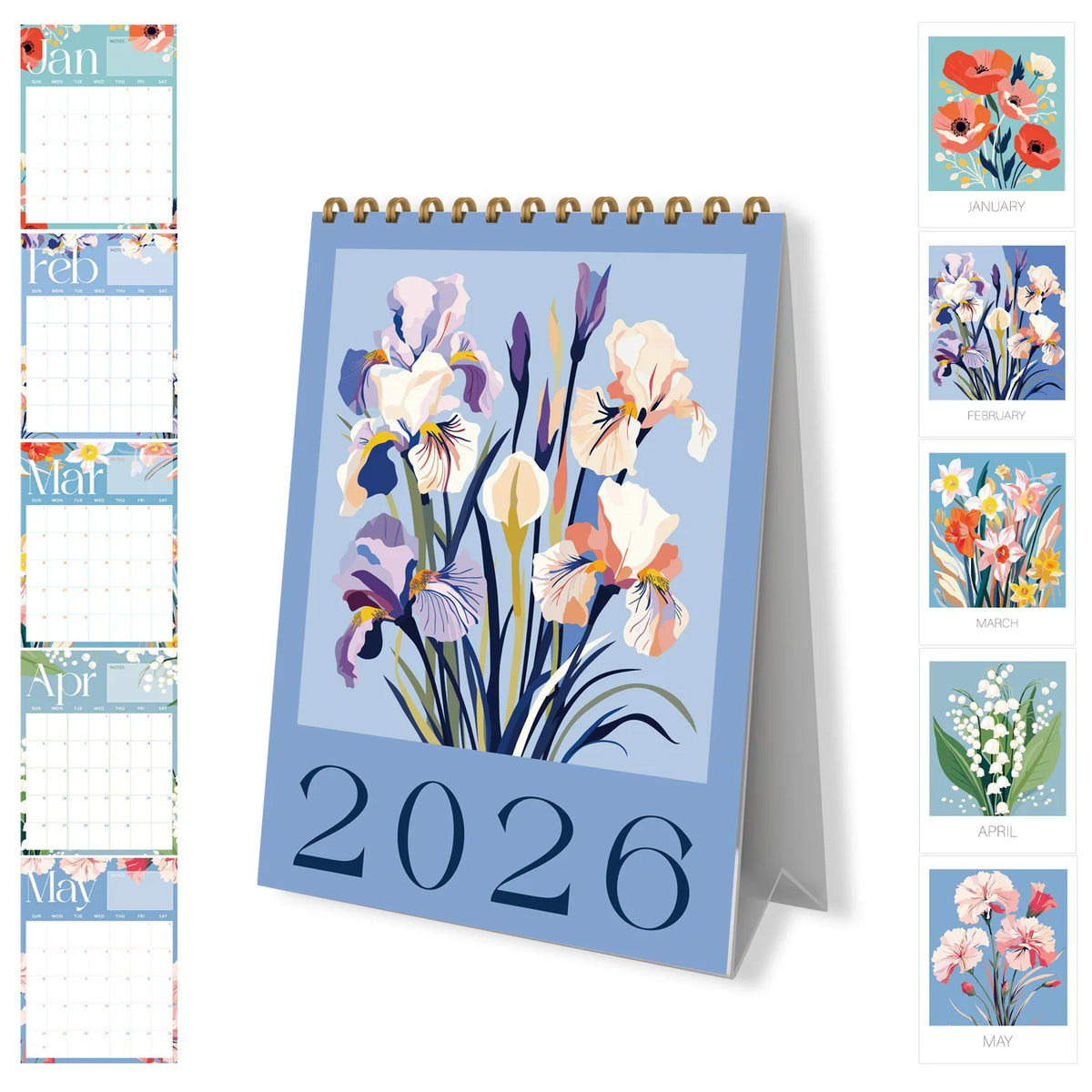 A blue desk calendar for January through May 2026 featuring floral designs and monthly grids.