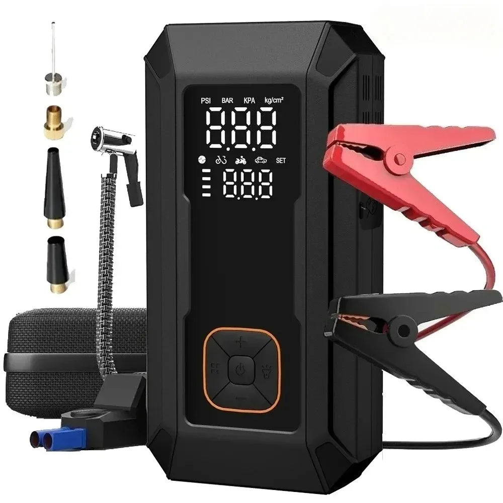 A black portable car jump starter device with a digital display and various connectors is shown.