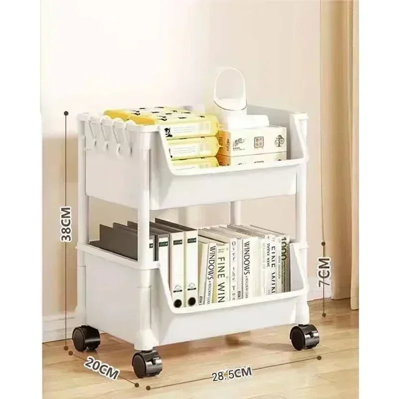 White 2-5 tier rolling storage cart with locking wheels holding various files and documents.