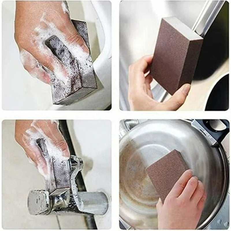 A hand is using a heavy-duty emery sponge to clean the interior of a pot or pan.