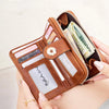 A brown vintage RFID blocking short wallet with a zipper closure is shown being held by a hand.