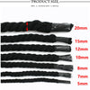 A set of black natural twisted cotton cords shown in various diameters from 5mm to 20mm.