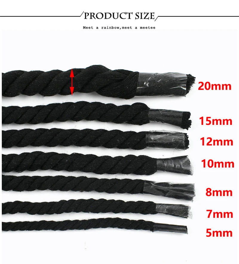 A set of black natural twisted cotton cords shown in various diameters from 5mm to 20mm.