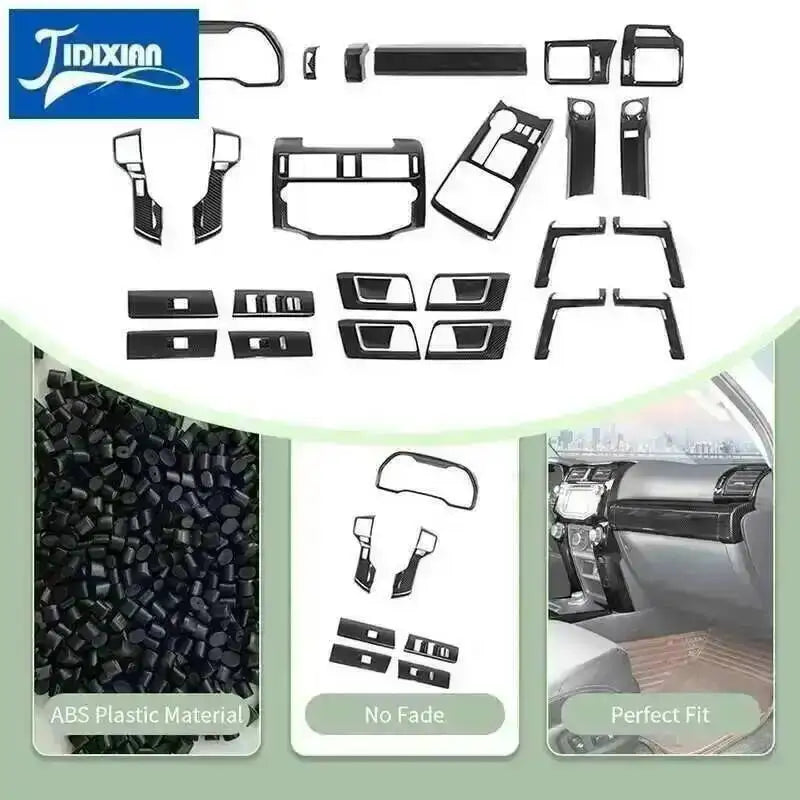 Carbon fiber trim kit for Toyota 4Runner showing various parts and an ABS plastic material sample