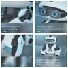 Close-up views of an interactive gesture-controlled robot toy showing flexible joints, LED eye lights, six wheels, and a body