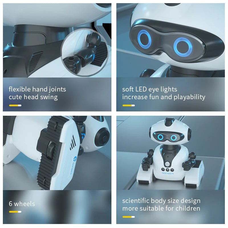 Close-up views of an interactive gesture-controlled robot toy showing flexible joints, LED eye lights, six wheels, and a body