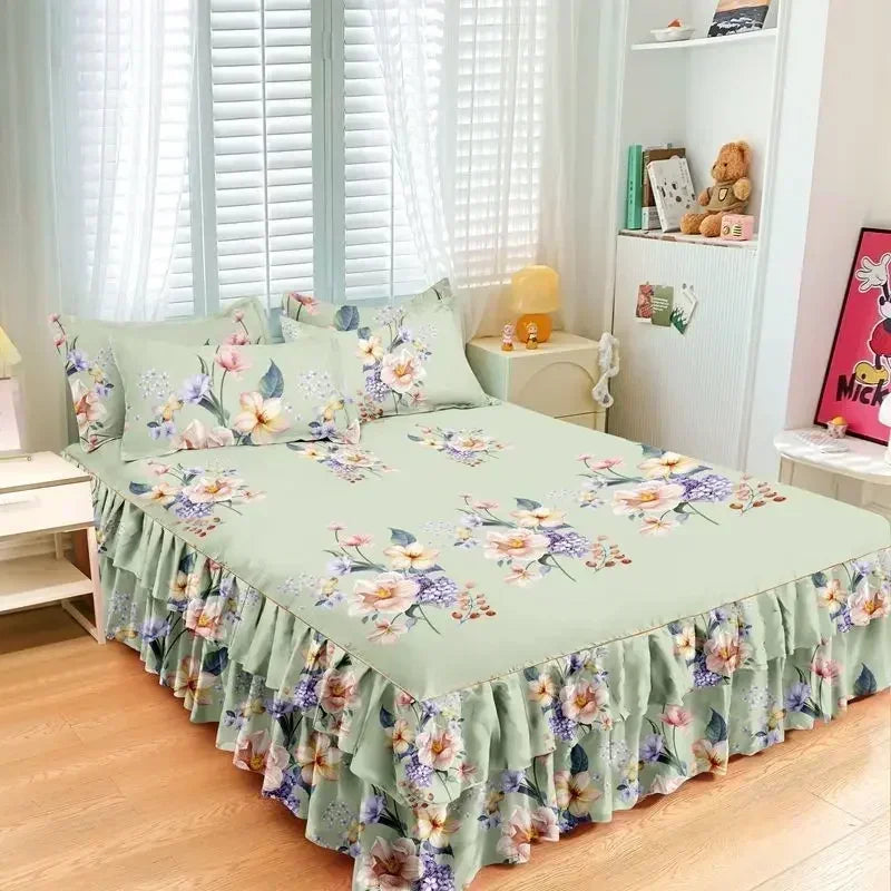 Floral Bed Skirt Set with Anti-Slip Mattress Cover