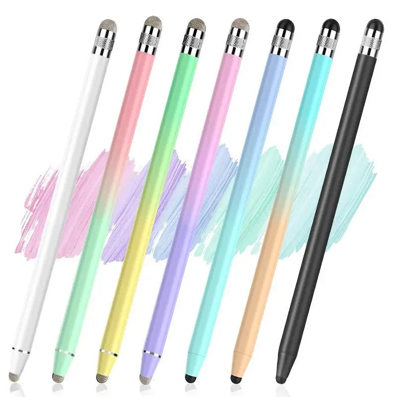 A set of nine dual-nib capacitive stylus pens in various pastel colors and black, shown diagonally.
