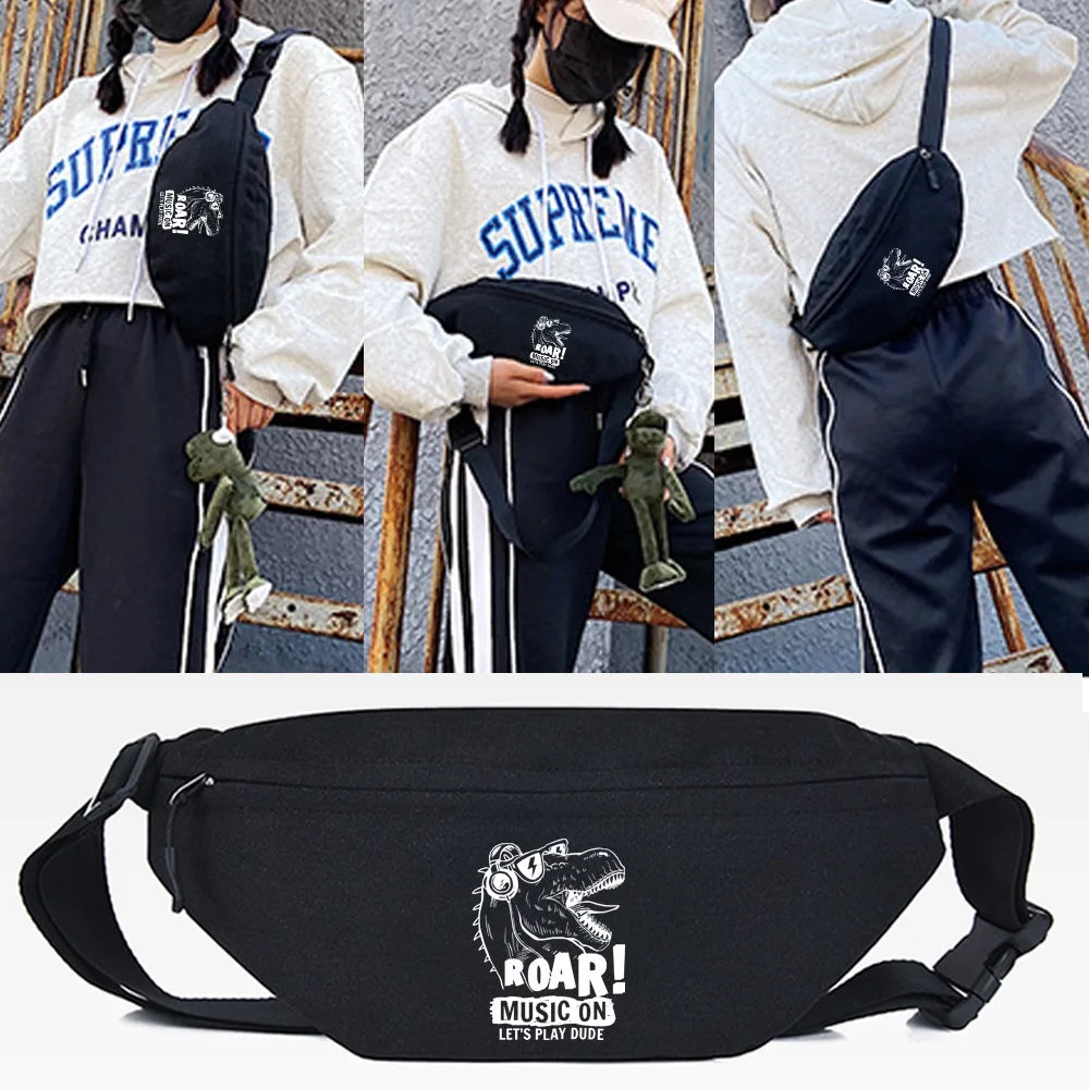 Black linen waist pack featuring a roaring dinosaur design worn by a person.