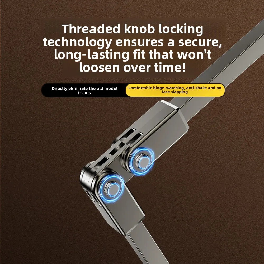 Close-up of a silver threaded knob locking mechanism on an adjustable tablet and phone stand.
