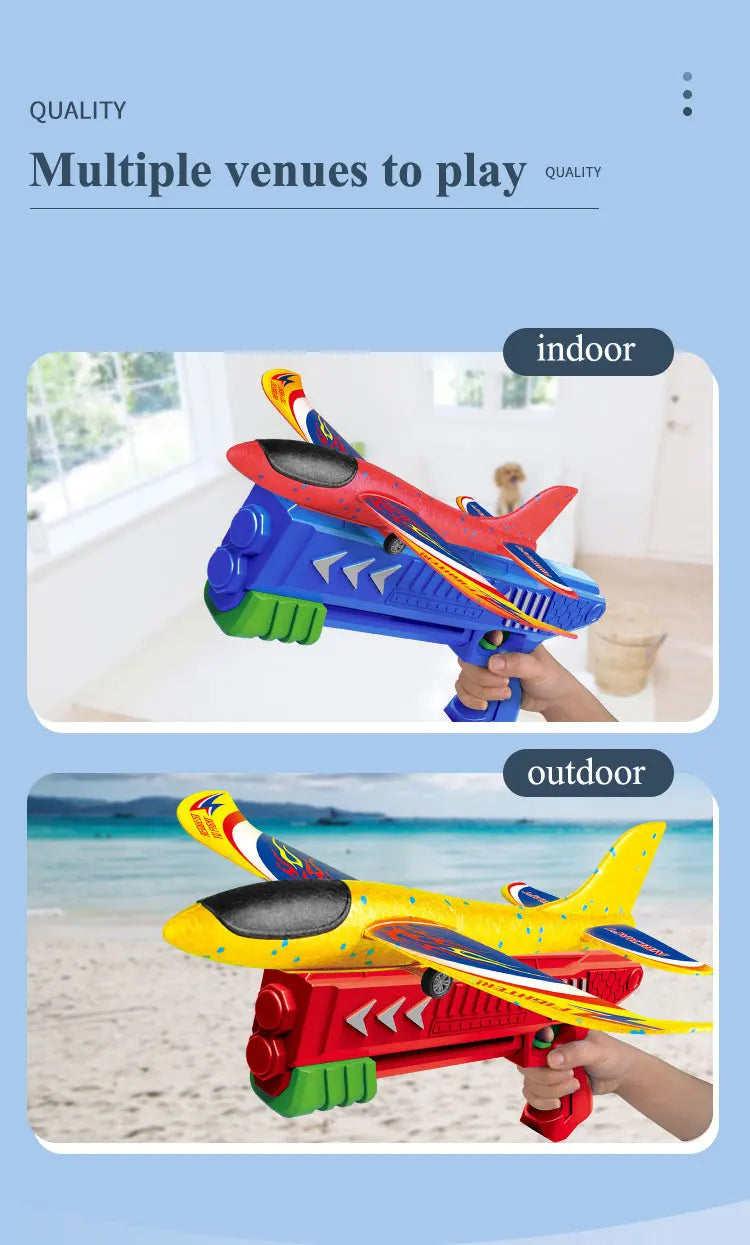 A child is launching a yellow and blue foam plane toy in an outdoor setting.