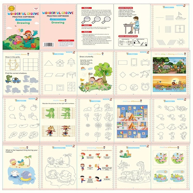 A set of reusable magic copybooks for kids featuring drawing and handwriting practice pages.